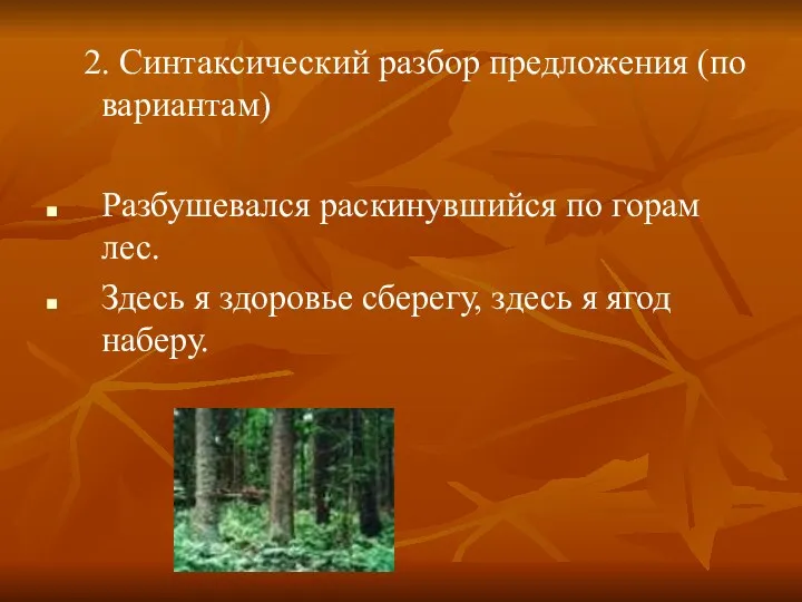 2. Синтаксический разбор предложения (по вариантам) Разбушевался раскинувшийся по горам