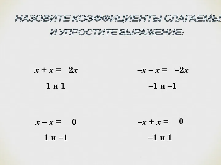 НАЗОВИТЕ КОЭФФИЦИЕНТЫ СЛАГАЕМЫХ И УПРОСТИТЕ ВЫРАЖЕНИЕ: х + х =