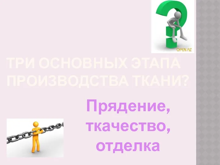 три основных этапа производства ткани? Прядение, ткачество, отделка