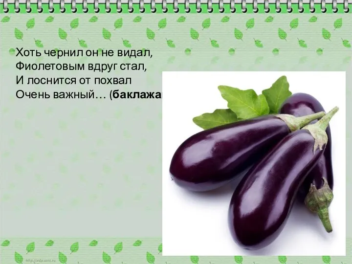 Хоть чернил он не видал, Фиолетовым вдруг стал, И лоснится от похвал Очень важный… (баклажан)