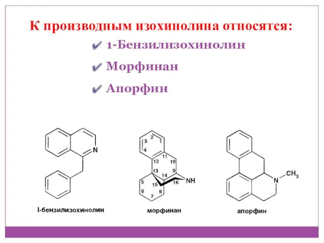 К производным изохинолина относятся: 1-Бензилизохинолин Морфинан Апорфин