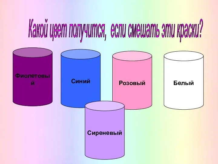 Какой цвет получится, если смешать эти краски? Фиолетовый Синий Розовый Белый Сиреневый