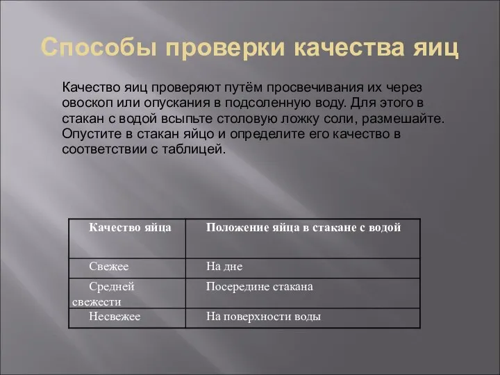 Способы проверки качества яиц Качество яиц проверяют путём просвечивания их