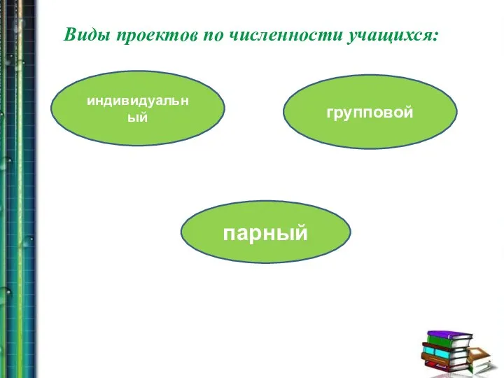 Виды проектов по численности учащихся: индивидуальный групповой парный