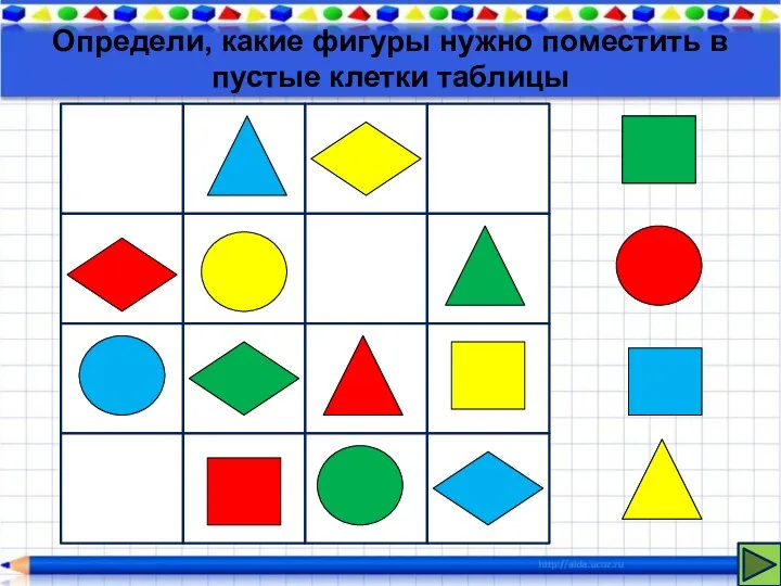 Определи, какие фигуры нужно поместить в пустые клетки таблицы