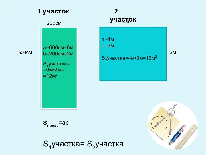 200см 600см 4м 3м 1 участок 2 участок Sпрям. =аb