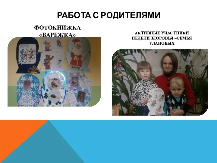 Работа с родителями Фотокнижка «Варежка» Активные участники недели здоровья –Семья Улановых