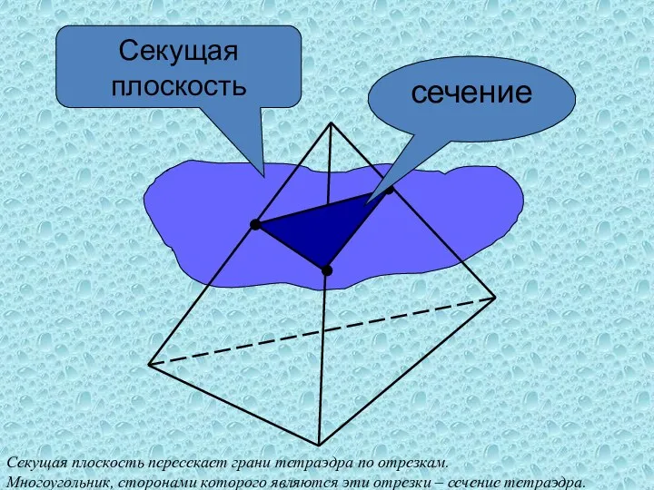 Секущая плоскость сечение Секущая плоскость пересекает грани тетраэдра по отрезкам. Многоугольник, сторонами которого