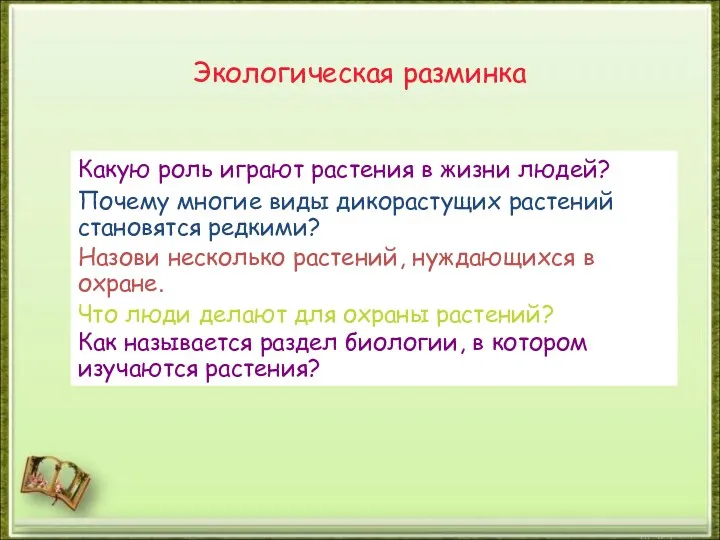 Экологическая разминка Какую роль играют растения в жизни людей? Почему