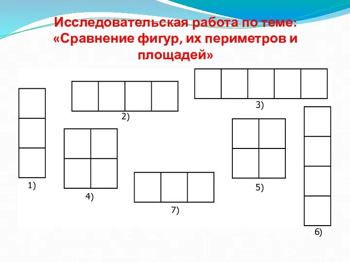 Исследовательская работа по теме: «Сравнение фигур, их периметров и площадей» 1) 2) 4)