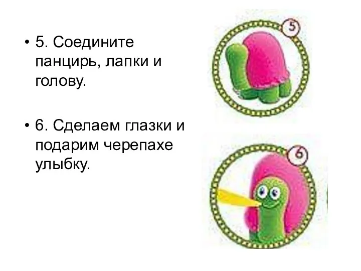 5. Соедините панцирь, лапки и голову. 6. Сделаем глазки и подарим черепахе улыбку.