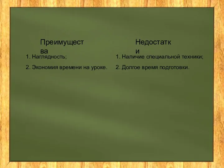 Преимущества 1. Наглядность; 2. Экономия времени на уроке. Недостатки 1.