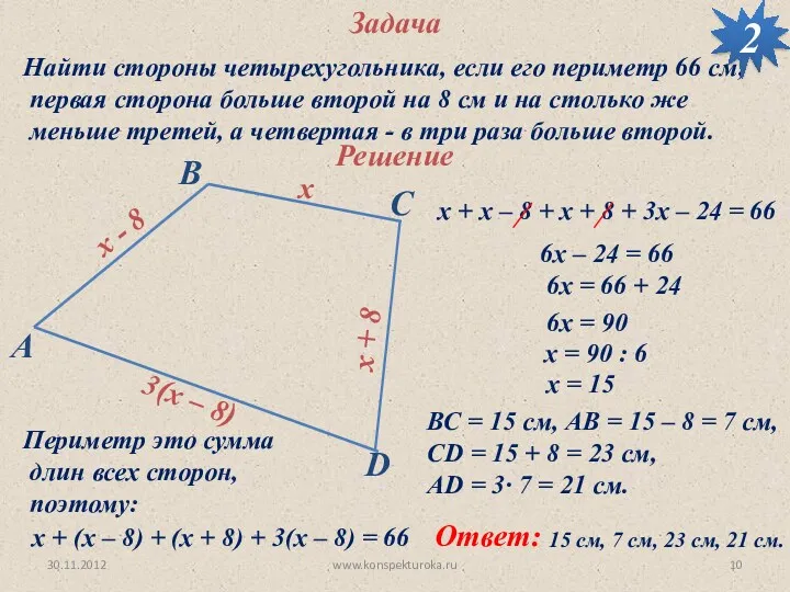 30.11.2012 www.konspekturoka.ru Задача Найти стороны четырехугольника, если его периметр 66