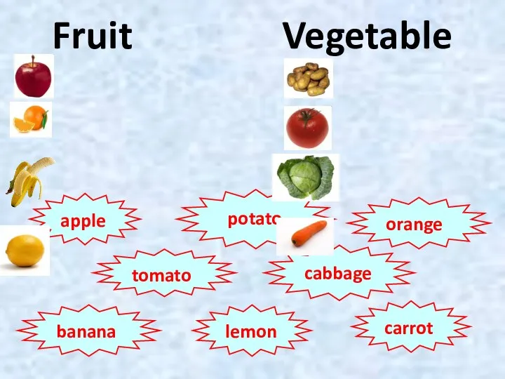 Fruit Vegetable apple potato orange tomato cabbage banana lemon carrot