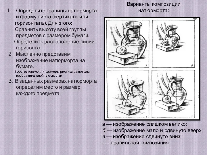 Определите границы натюрморта и форму листа (вертикаль или горизонталь). Для