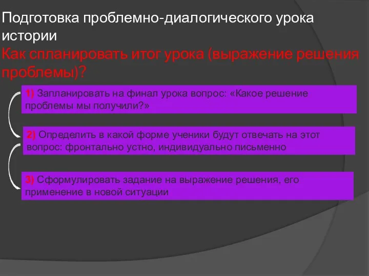 Подготовка проблемно-диалогического урока истории Как спланировать итог урока (выражение решения