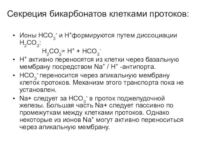 Секреция бикарбонатов клетками протоков: Ионы HCO3- и H+формируются путем диссоциации