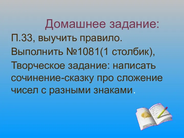 П.33, выучить правило. Выполнить №1081(1 столбик), Творческое задание: написать сочинение-сказку