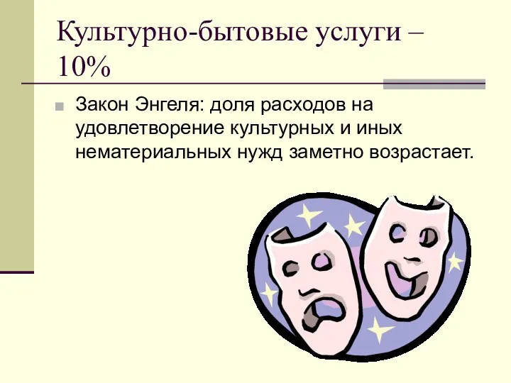 Культурно-бытовые услуги – 10% Закон Энгеля: доля расходов на удовлетворение