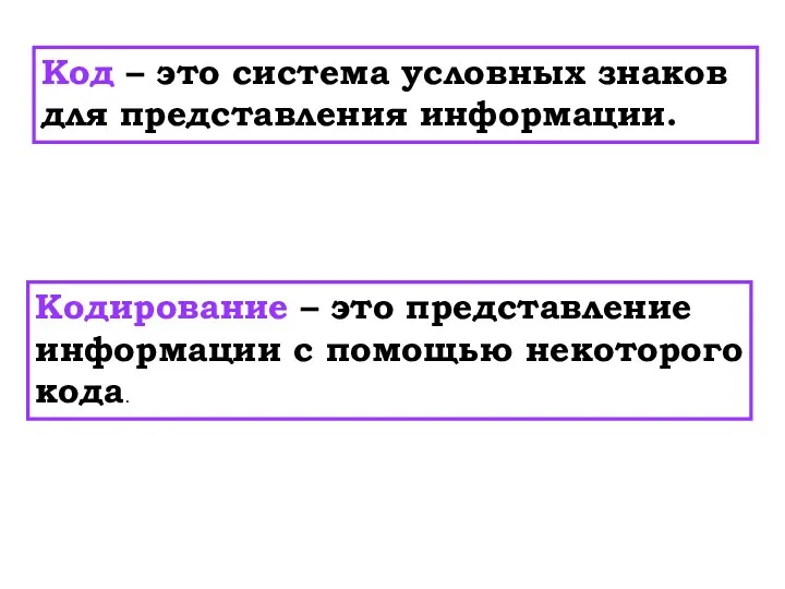 Код – это система условных знаков для представления информации. Кодирование