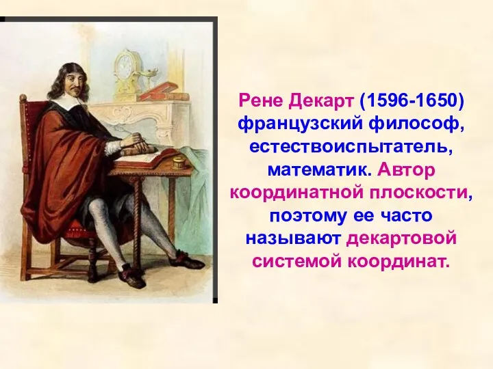 Рене Декарт (1596-1650) французский философ, естествоиспытатель, математик. Автор координатной плоскости,