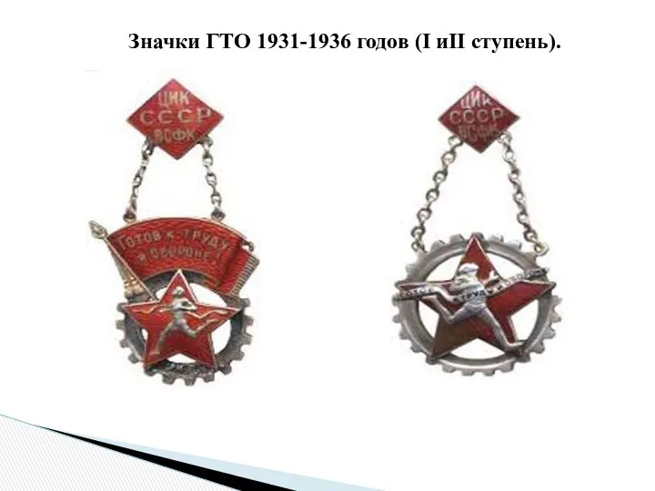 Значки ГТО 1931-1936 годов (I иII ступень).