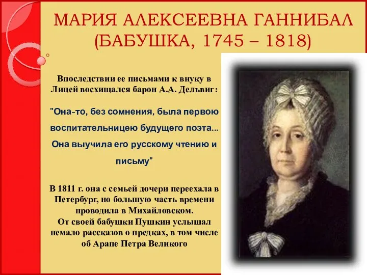 МАРИЯ АЛЕКСЕЕВНА ГАННИБАЛ (БАБУШКА, 1745 – 1818) Впоследствии ее письмами