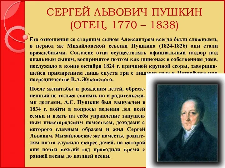 СЕРГЕЙ ЛЬВОВИЧ ПУШКИН (ОТЕЦ, 1770 – 1838) После женитьбы и