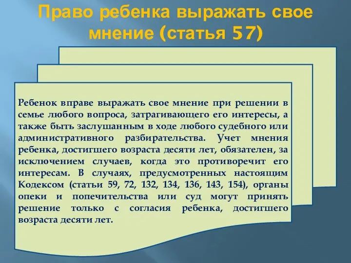 Право ребенка выражать свое мнение (статья 57) Ребенок вправе выражать свое мнение при