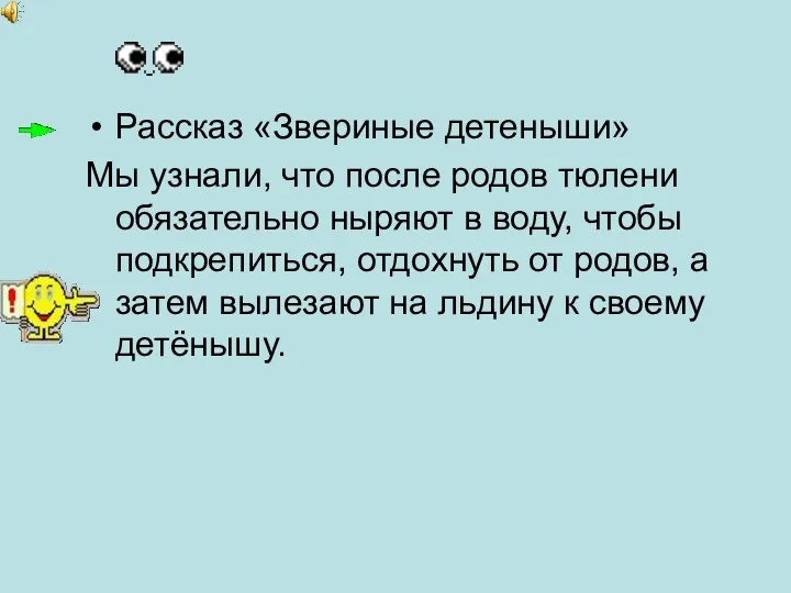 Рассказ «Звериные детеныши» Мы узнали, что после родов тюлени обязательно