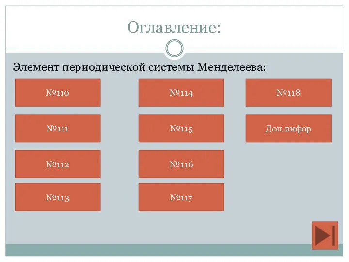 Оглавление: Элемент периодической системы Менделеева: №110 №111 №112 №113 №114 №115 №116 №117 №118 Доп.инфор