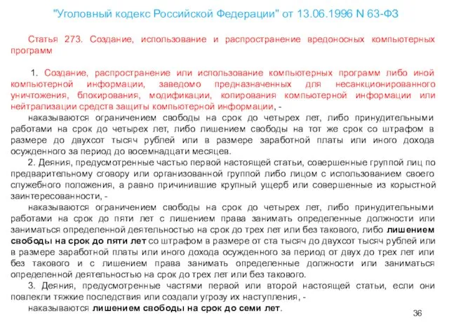 Статья 273. Создание, использование и распространение вредоносных компьютерных программ 1. Создание, распространение или