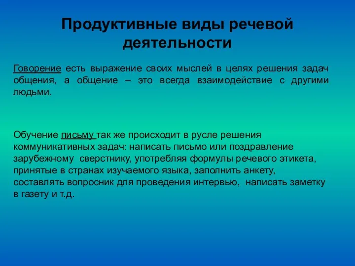 Продуктивные виды речевой деятельности Говорение есть выражение своих мыслей в