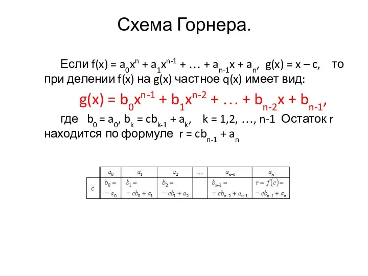 Схема Горнера. Если f(x) = a0xn + a1xn-1 + … + an-1x +