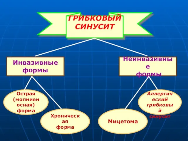 ГРИБКОВЫЙ СИНУСИТ Инвазивные формы Неинвазивные формы Острая (молниеносная) форма Хроническая форма Аллергический грибковый синусит Мицетома