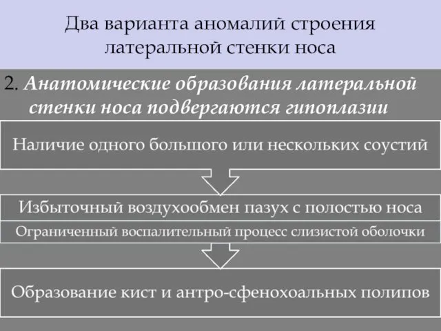 Два варианта аномалий строения латеральной стенки носа 2. Анатомические образования латеральной стенки носа подвергаются гипоплазии