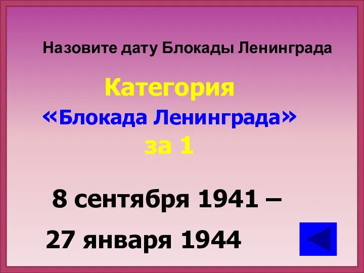 Категория «Блокада Ленинграда» за 1 8 сентября 1941 – 27 января 1944 Назовите дату Блокады Ленинграда
