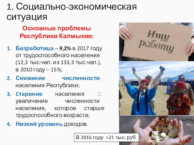1. Социально-экономическая ситуация Основные проблемы Республики Калмыкия: Безработица – 9,2% в 2017 году