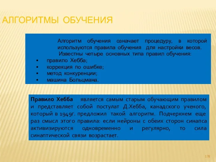 АЛГОРИТМЫ ОБУЧЕНИЯ Алгоритм обучения означает процедуру, в которой используются правила