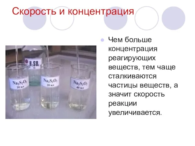 Cкорость и концентрация Чем больше концентрация реагирующих веществ, тем чаще