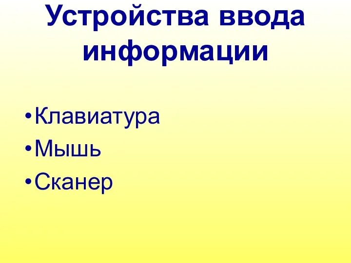 Устройства ввода информации Клавиатура Мышь Сканер