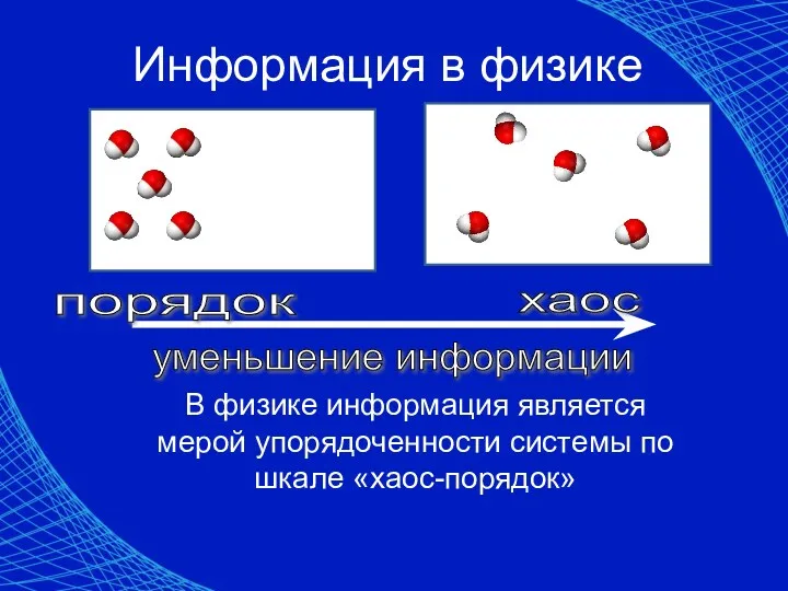 Информация в физике В физике информация является мерой упорядоченности системы по шкале «хаос-порядок»