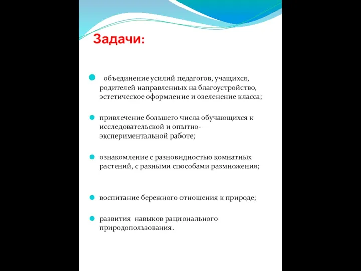 Задачи: объединение усилий педагогов, учащихся, родителей направленных на благоустройство, эстетическое