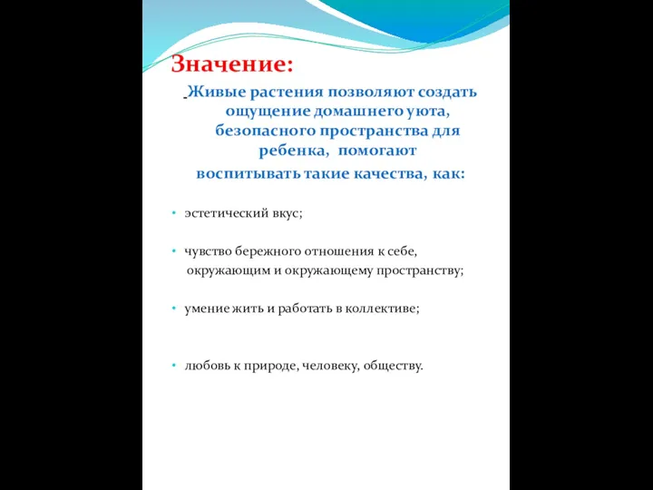 Значение: Живые растения позволяют создать ощущение домашнего уюта, безопасного пространства