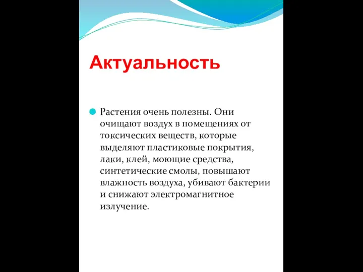 Актуальность Растения очень полезны. Они очищают воздух в помещениях от