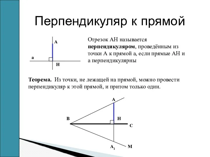 Перпендикуляр к прямой Отрезок АН называется перпендикуляром, проведённым из точки