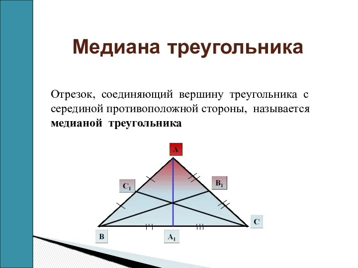 Медиана треугольника Отрезок, соединяющий вершину треугольника с серединой противоположной стороны, называется медианой треугольника