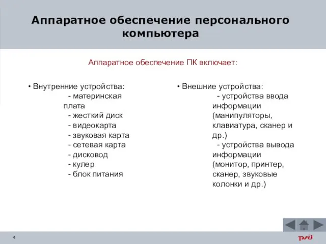 Аппаратное обеспечение персонального компьютера Аппаратное обеспечение ПК включает: Внутренние устройства: