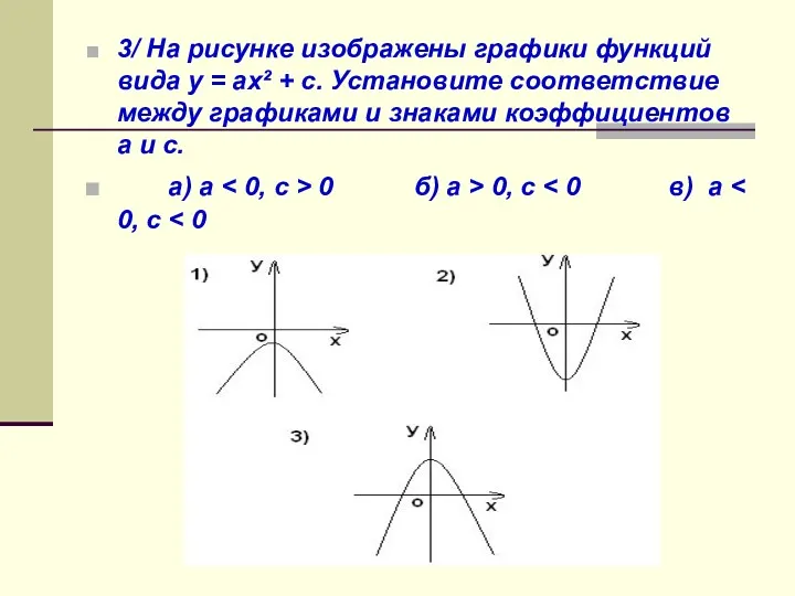 3/ На рисунке изображены графики функций вида у = ах² + с. Установите