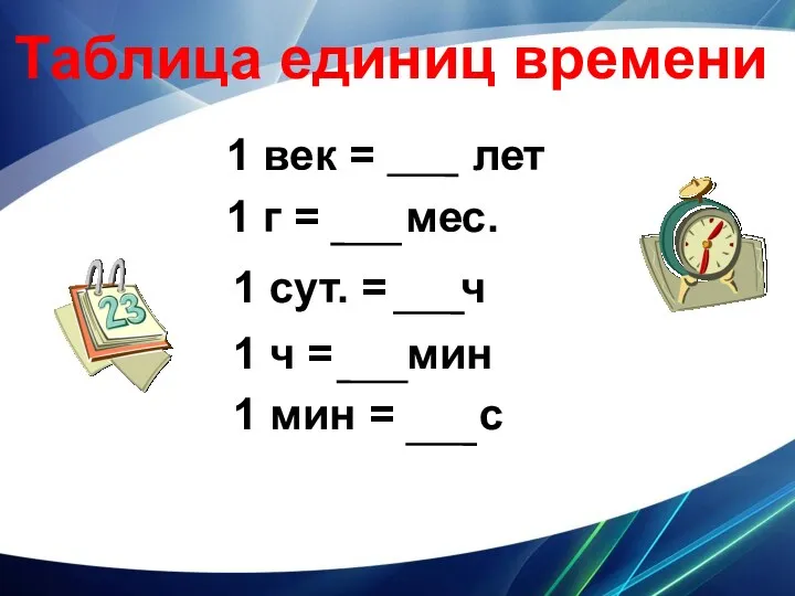 Таблица единиц времени 1 век = лет 1 г =